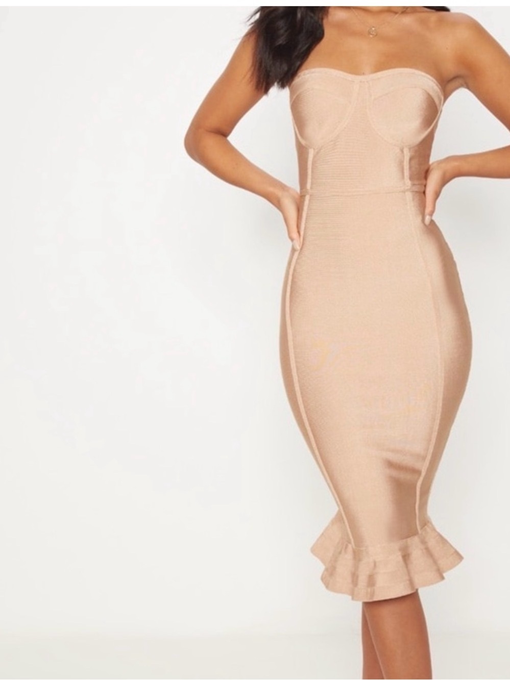 PrettyLittleThing Strapless Nude Midi Bodycon Dress with Ruffle Hem